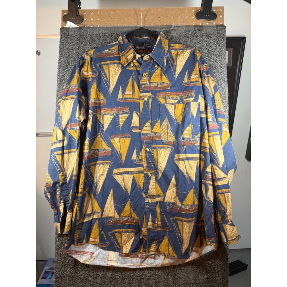 Nautica Button Down Shirt Mens Medium Blue Sailboat Print Long Sleeve Cotton